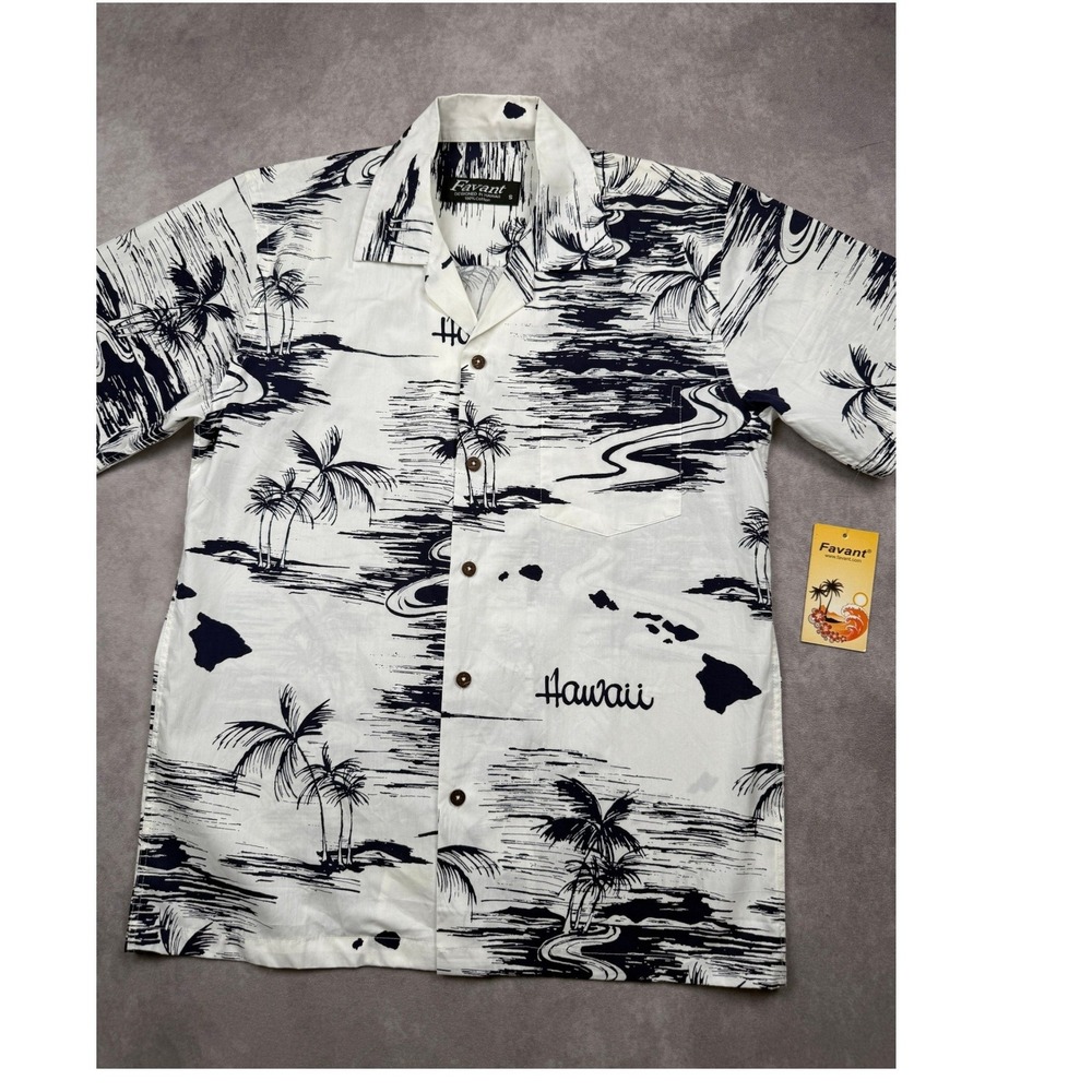 NWT Favant Hawaii Shirt Men S White Black Tropical Aloha Island Palm 100% Cotton